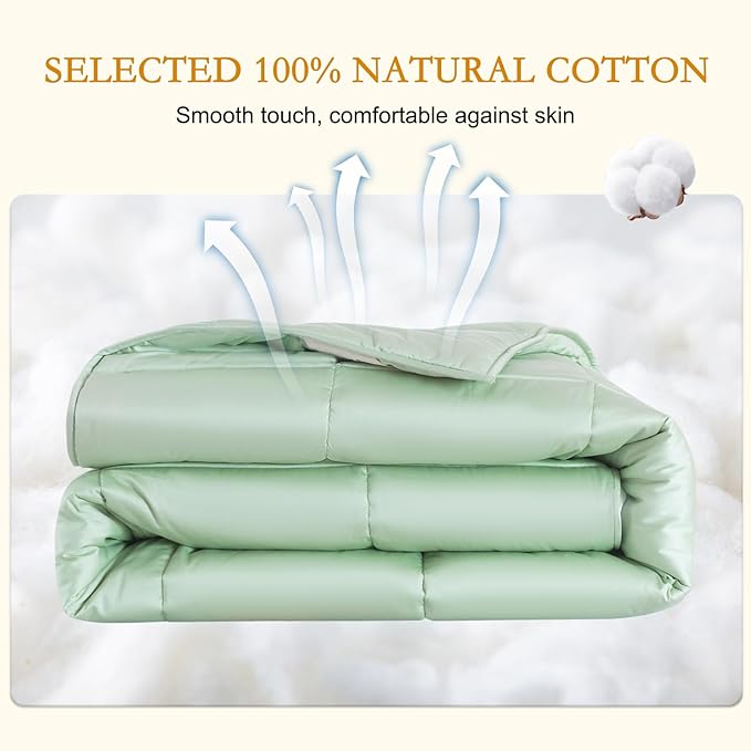 YOUR MOON Luxurious All Season Wool Comforter Queen Size, 100% Natural Australian Wool Filling, Hypoallergenic Comforter Duvet Insert, Noiseless Cotton Shell (Green)