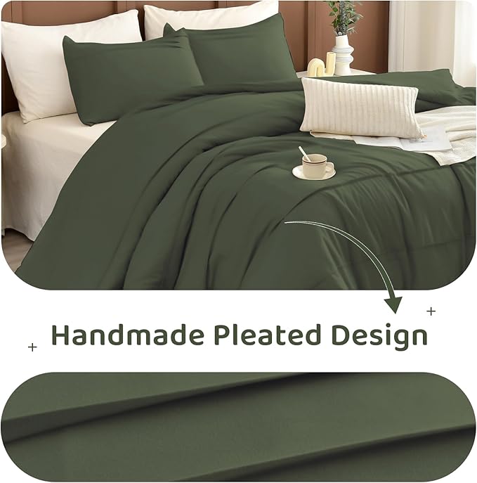 Sanracie Cotton Comforter Set Queen Size(90"x 95"),Olive Green Color Pinch Pleated Bed Comforter for All Season,3Pcs Soft Breathable Bedding Comforter Sets