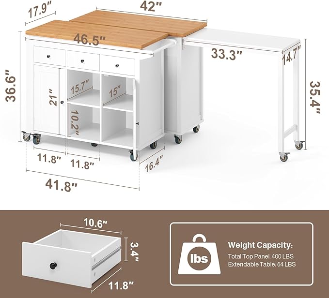 Ahomly Kitchen Island with Extendable Table for 2, 79.06" Extendable Kitchen Island Cart on Wheels with Storage Cabinet & 2 Open Shelves, Island Table for Kitchen with 3 Drawers, White