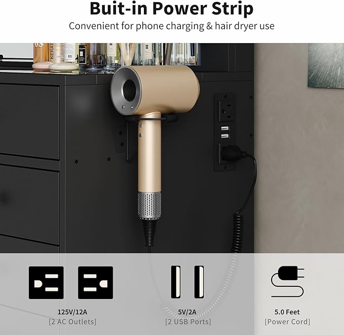 55'' Vanity Desk, Makeup Vanity with Charging Station, 13 Drawers with Lighted Mirror, 3 Lighting Modes, Brightness Adjustable, Glass Top, Vanity Table with Chair for Bedroom, Black