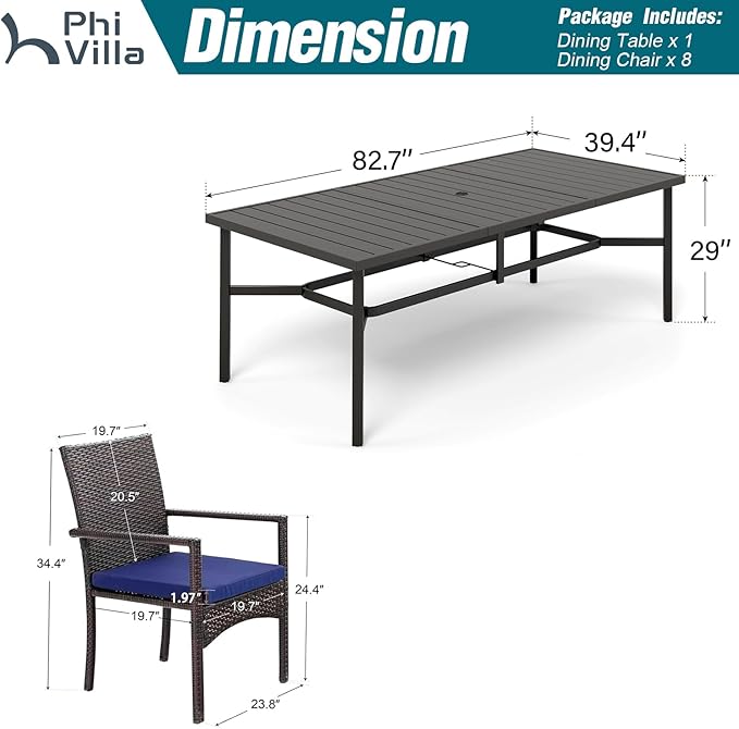 PHI VILLA 9 Pieces Outdoor Dining Set for 8, Rectangle Large Metal IronTable with Umbrella Hole & Cushioned Wicker Chairs, Large Dining Furniture for Patio, Deck, Yard, Porch