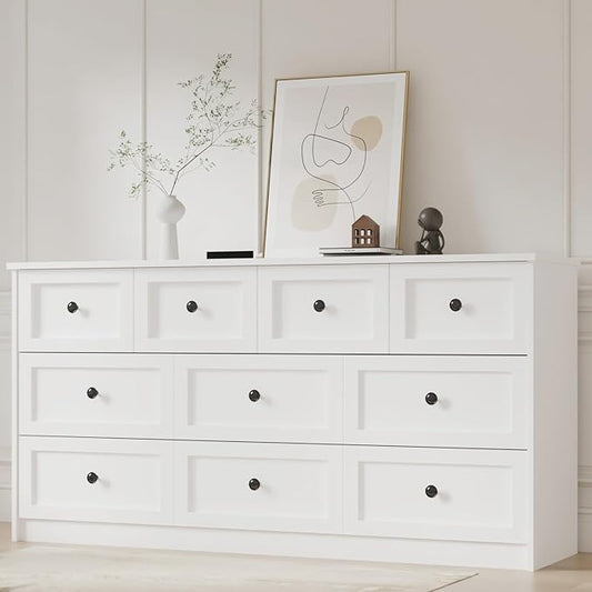 59.1" Wide Dressers & Chests of Drawers with Large Capacity Storage, Large Wooden Storage Organizer 10 Drawer Dresser for Bedroom（White）