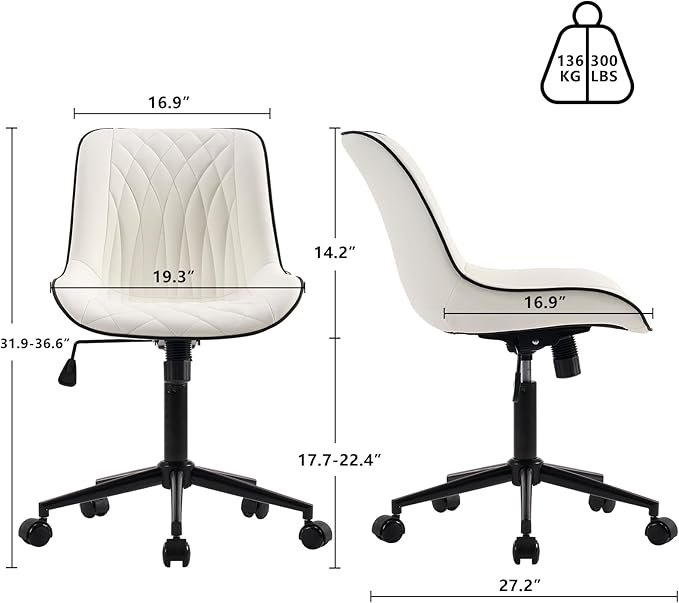YOUNIKE White Ergonomic Home Office Desk Chair No Arms Comfy Small Criss Cross Chair with Wheels Swivel Adjustable Modern Vanity Chair with Back Armless Cute Leather Upholstered Rolling Task Chair
