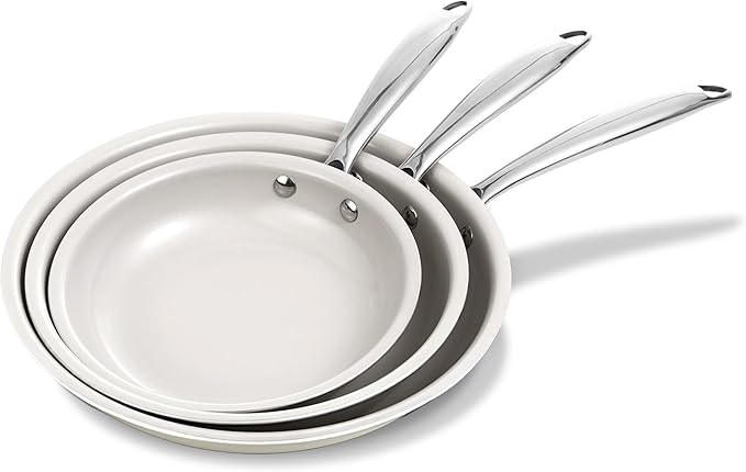 KITEXPERT Non Stick Frying Pans Set, Titanium Ceramic Pan Skillet Set Non Toxic, 8" 9.5" 11" Nonstick Frying Pan, Stainless Steel Handle, Dishwasher & Oven Safe, PFAS & PTFE & PFOA Free, Cream