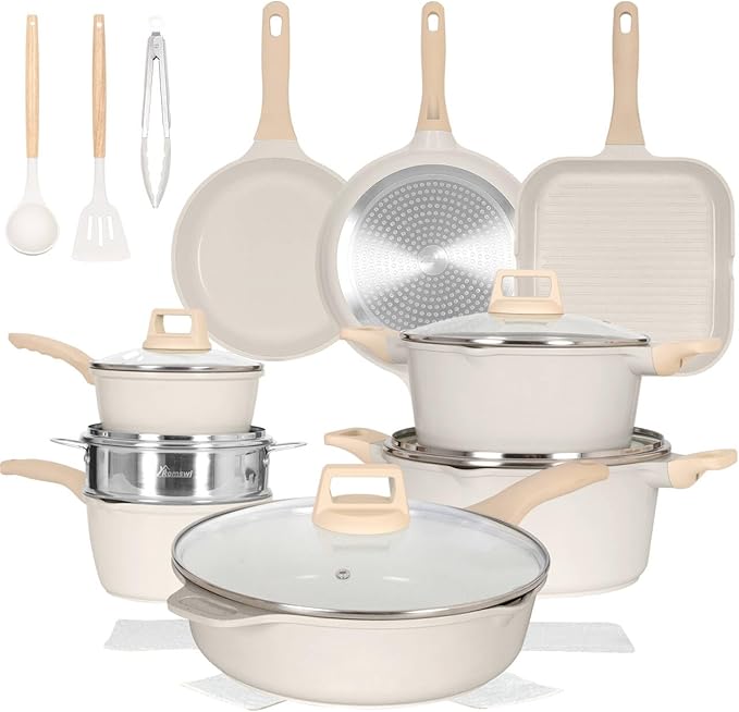 Romswi 23pcs Pots and Pans Set Non Stick, Kitchen Cookware Set with Casserole, Frying & Saucepans, Oven Safe & Stovetop Agnostic (Gas, Electric & Induction) - White