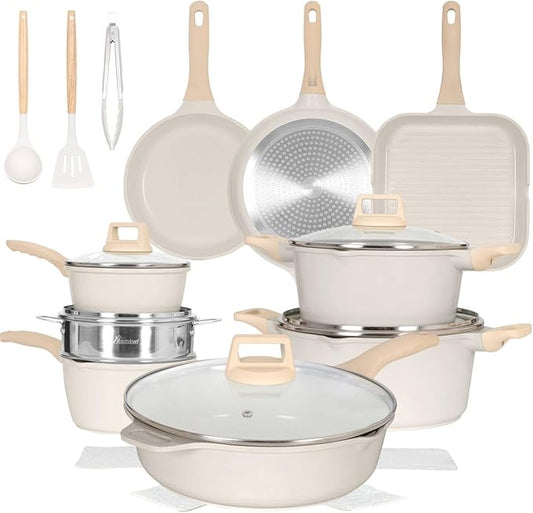 Romswi 23pcs Pots and Pans Set Non Stick, Kitchen Cookware Set with Casserole, Frying & Saucepans, Oven Safe & Stovetop Agnostic (Gas, Electric & Induction) - White