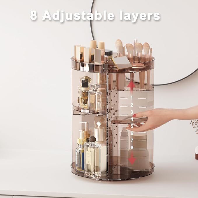 360 Rotating Makeup Organizer with Lipstick Slots, DIY 8 Adjustable Height Spinning Skincare Organizers, Brush and Perfume Storage Carousel, Cosmetic Display Case for Vanity Bathroom Countertop
