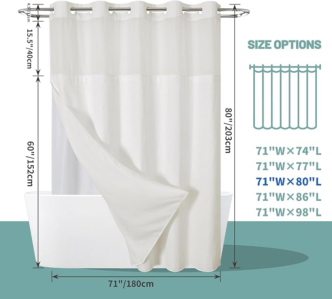 Cream Long No Hook Waffle Weave Shower Curtain with snap-in Liner Replacement, 230GSM Waterproof Fabric Hotel Shower Curtain Set for Bathroom, Through Mesh Top Window,71Wx80H