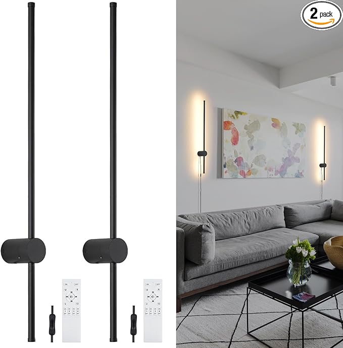 Dimmable Plug in Wall Sconce Set of 2,Black 31.5" LED Wall Light with Remote,Adjustable Color Temperature Brightness,Wall lamp with Timer for Living Room,Bedroom and Accent Lighting