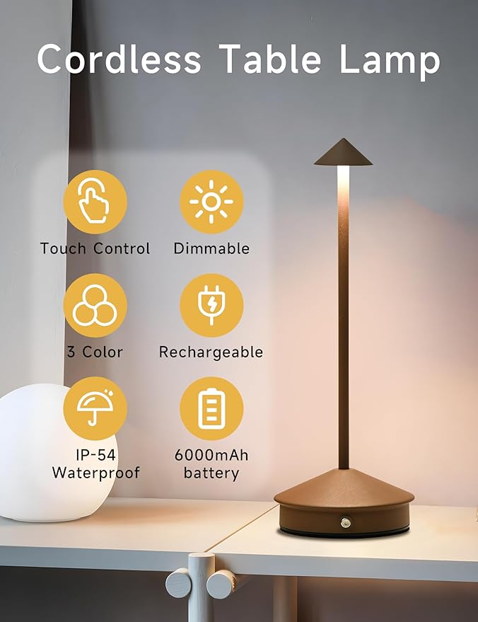 Cordless Table Lamps,LED Rechargeable Desk Lamp,Portable Modern USB Battery Operated Lights,Outdoor Waterproof Touch Dimmable,for Patio,Restaurant,Bar,Camping,Dining Home Set of 2 Brown