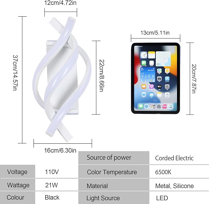 AUA LED Wall Sconce, 21W Modern Spiral Wall Sconce Lighting, 6500K Cool White Indoor Wall Light for Bedroom Living Room Office Restaurant Hallway, Wall Mounted Lamp