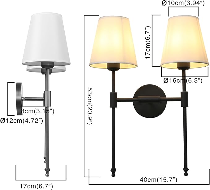 PERMO Classic Rustic Double Sconce 2-Lights Wall Sconce Lighting Fixture with Flared White Textile Lamp Shade and and Black Finished Long Arm,Wall Sconce Light Fixture for Bathroom Bedroom Bedside
