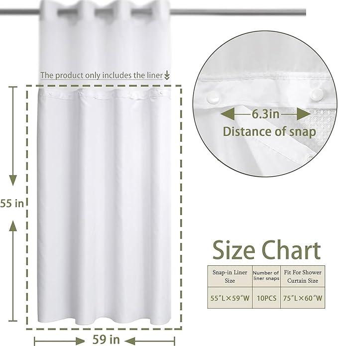 YellyHommy Waterproof Fabric Snap in Shower Curtain Liner Replacement with 2 Magnets 59" W x 55" L for 60" W x 75" L No Hook Shower Curtain - Removable & Detachable to Wash - White