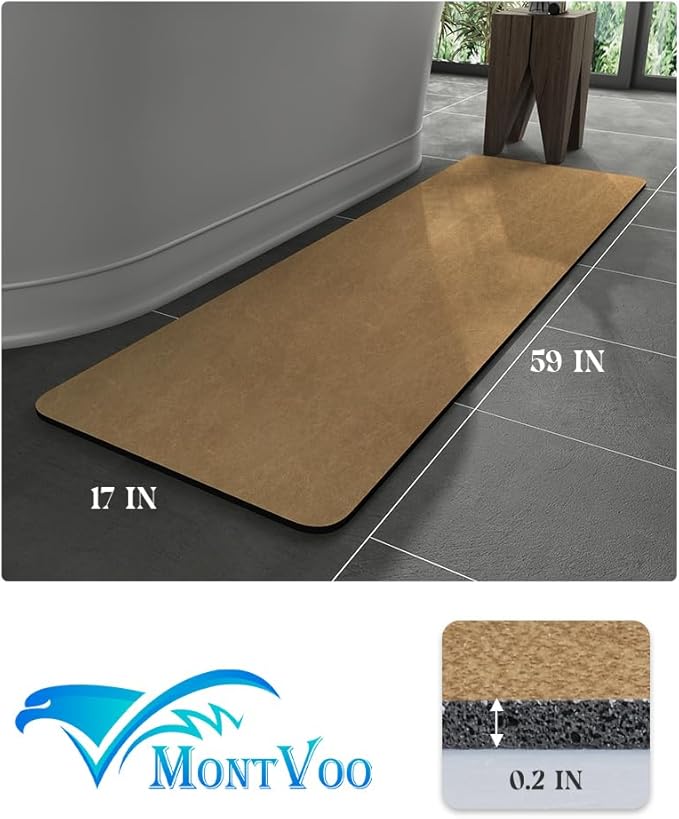 MontVoo -Bath Mat Rug-Rubber Backing Non Slip Quick Dry Absorbent Thin Bathroom Rugs Fit Under Door-Faux Suede Surface Bathroom Floor Mats-Shower Rug for in Front of Bathtub Shower Camel 17"x59"