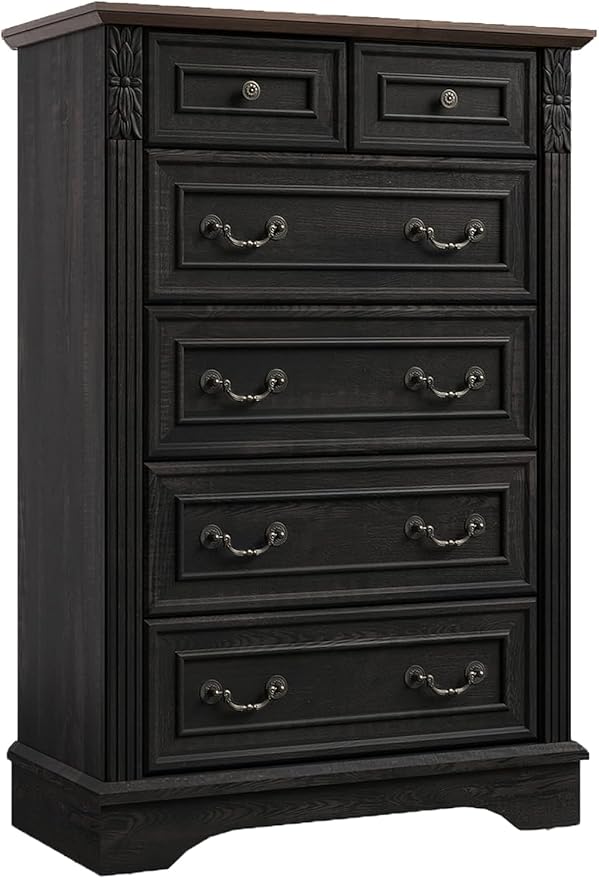 BLANKSPACE Black Dresser for Bedroom, Farmhouse 6 Drawers Dresser,Tall 6 Chest of Drawers Cabinet with Thickened Wood Carving for Home Office,Hallway