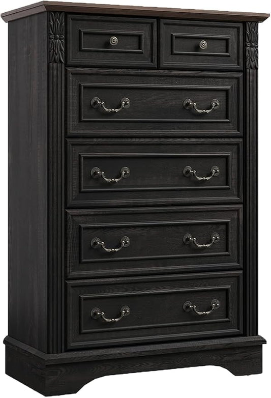 BLANKSPACE Black Dresser for Bedroom, Farmhouse 6 Drawers Dresser,Tall 6 Chest of Drawers Cabinet with Thickened Wood Carving for Home Office,Hallway