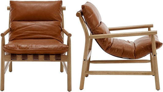 Faux Leather Accent Chair Set of 2 - Solid Wood Lounge Chair with Removable Cushion, Modern Low Back Armchair Reading Chair for Living Room/Bedroom/Balcony, Brown Sofa Chair (Easy Assembly)