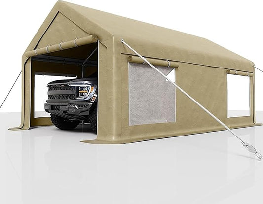 12 x 20FT Heavy Duty Carport with Roll-Up Windows, Portable Garage with Removable Sidewalls & Doors, Portable Car Tent Garage with Roll-Up Windows and All-Season Tarp, for Car, Truck,