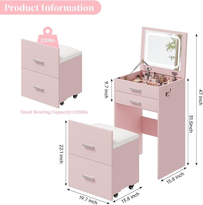 Compact Vanity with 3 Drawers, 3 in 1 Vanity Desk, Makeup Desk with Flip-up 3 Colors Lighting Mirror and Cushioned Stool, Small Vanities Nightstand Perfect for Bedroom, Pink