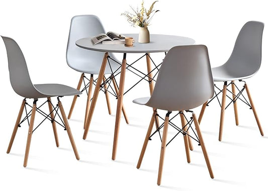 31.5'' 5 Piece Round Dining Table Set for 4, Mid-Century Modern Table with Chairs, Space Saving, Plastic Seats, Wood Legs, Circle Dinner Table for Kitchen, Home, Apartment, Gray