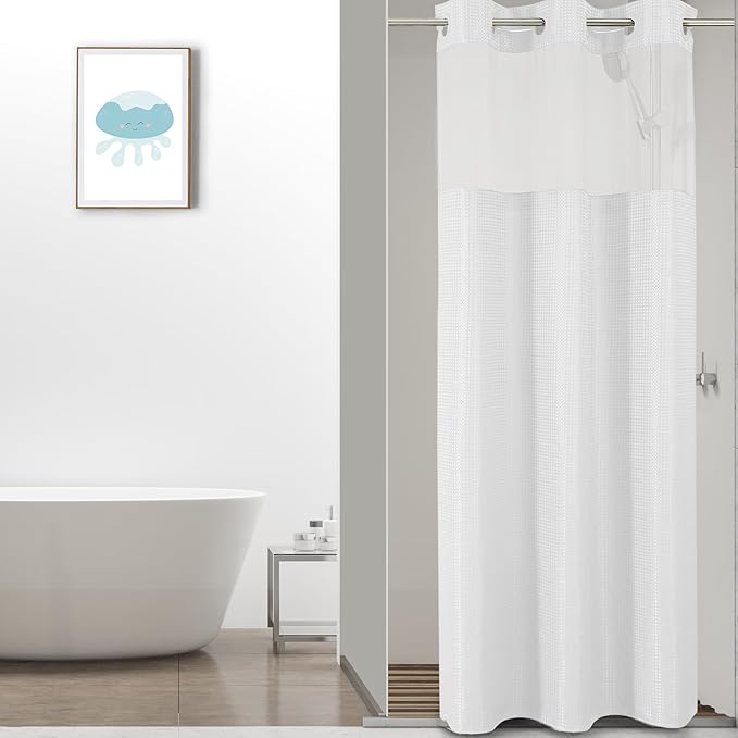 Colorful Star Small Stall Waffle Weave Shower Curtains, 256GSM Heavy Duty Shower Curtain with Snap in Fabric Liner, Hotel Style No Hook Waterproof Bathroom Curtain Set, 36 x 75 Inch, White