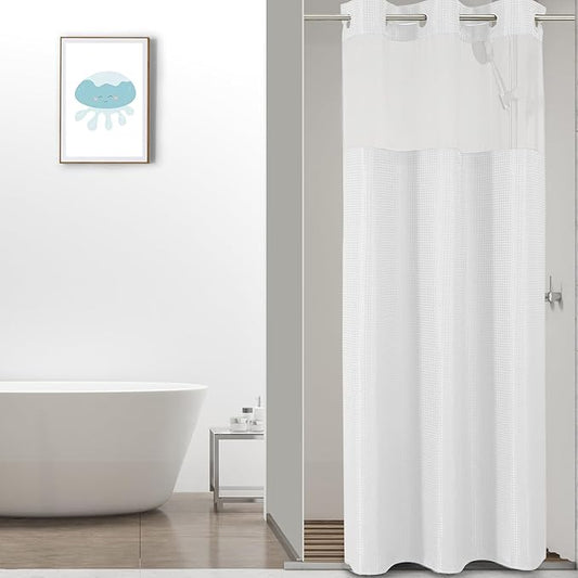 Colorful Star Small Stall Waffle Weave Shower Curtains, 256GSM Heavy Duty Shower Curtain with Snap in Fabric Liner, Hotel Style No Hook Waterproof Bathroom Curtain Set, 36 x 75 Inch, White