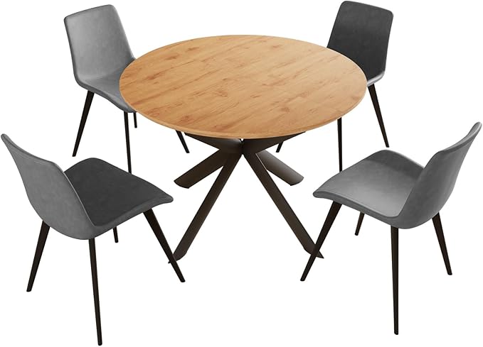 43.2"-59.1" Extendable Round Dining Table for 4-6 Person, Modern Wooden MDF Round Kitchen Table, Oak Coffee Table w/ 4 PU Leather Chairs