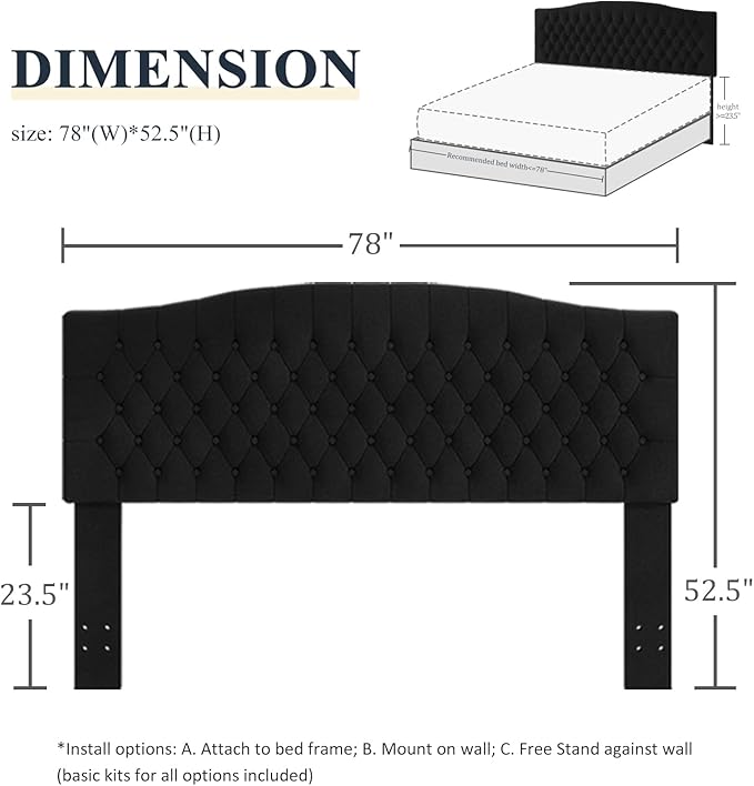 King Headboard Only, Upholstered Headboard King for Adjustable Bed Velvet Tufted Wall Mounted Head Board with Solid Wood Legs Head Board, Black