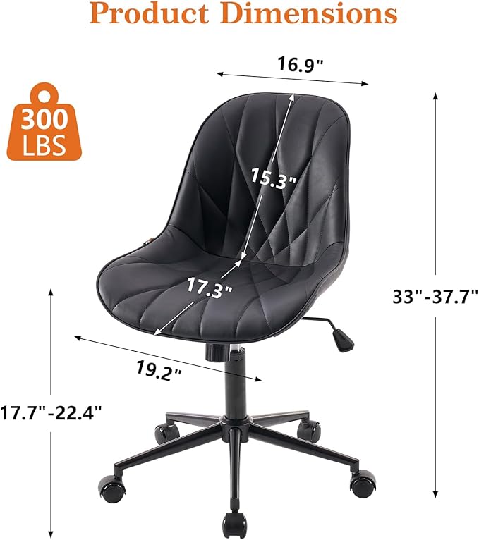Rowill Modern Office Chair - Ergonomic Swivel Leather Desk Chair with Curved Backrest, Height Adjustable Rolling with Wheels, Perfect for Study Room & Office, Black