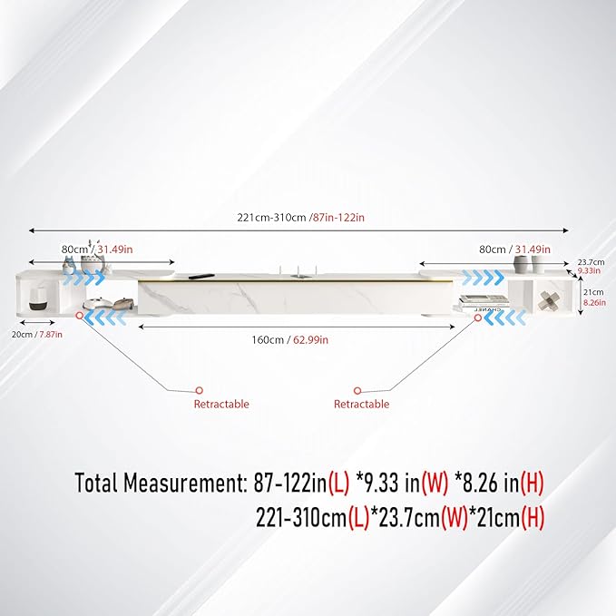Pmnianhua Retractable Length Floating TV Stand,Minimalist Floating TV Shelf,Wall Mounted TV Console,Adjustable 87'' to 122'' Floating Entertainment Center with Storage for Bedroom Living Room(White)