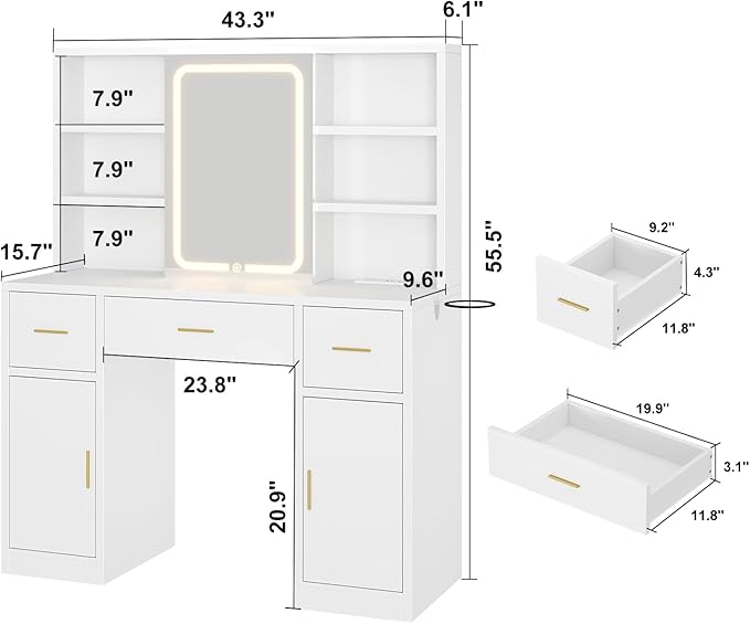 Vanity Desk with Sliding Mirror & LED Lights, Smart Makeup Table with Charging Station, Hairdryer Holder, 7 Shelves, 3 Drawers, 2 Cabinets, Vanity with Extra Hidden Stroage for Bedroom,White