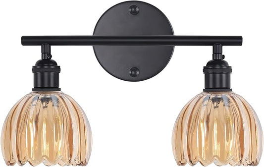 Bathroom Light Fixtures, 2-Light Black Vanity Wall Light Over Mirror with Amber Tulip Glass Shade for Bedroom Living Room