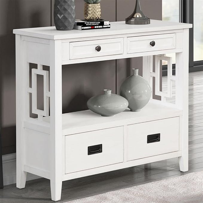 36 Inch Country Farmhouse Console Table with 4 Drawers and 1 Storage Shelf Pine Wood Suitable for Entryway Entrance Living Room Bedroom Hallway Kitchen (Antique White)
