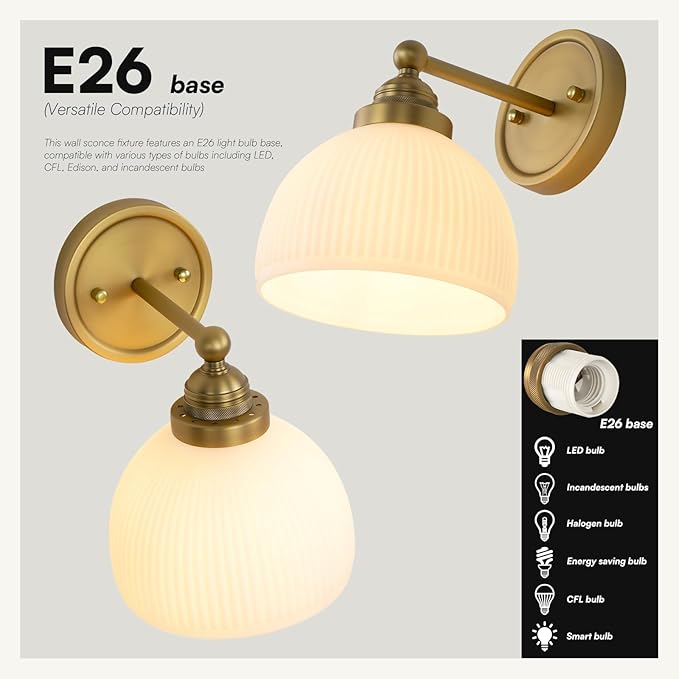 Vintage Wall Sconce 1-Light with White Striped Glass Globe Shade, Indoor Wall Mounted Lamp Fixture for Living Room Bedroom Kitchen Hallway