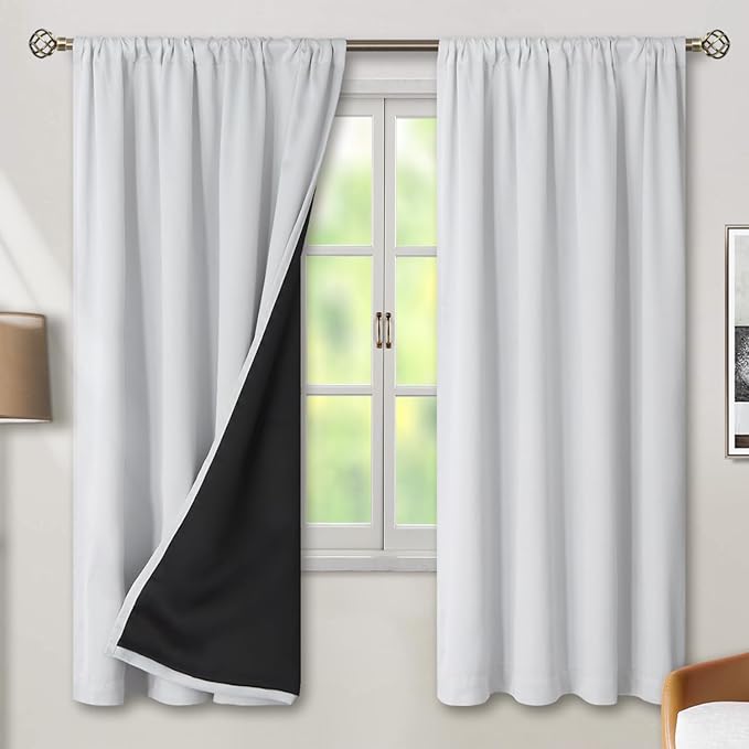 BGment Greyish White 100% Blackout Curtains 72 Inches Long with Noise-reducing Liner, Rod Pocket and Back Tab Double Layer Room Darkening Window Curtains for Bedroom, 2 Panels, Each 42 x 72 Inch