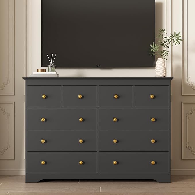 LYNSOM Modern 10 Drawer Dresser, 55.1" Wide Dressers & Chests of Drawers with Large Capacity Storage, Mid Century Black Dresser for Bedroom, Hallway, Black