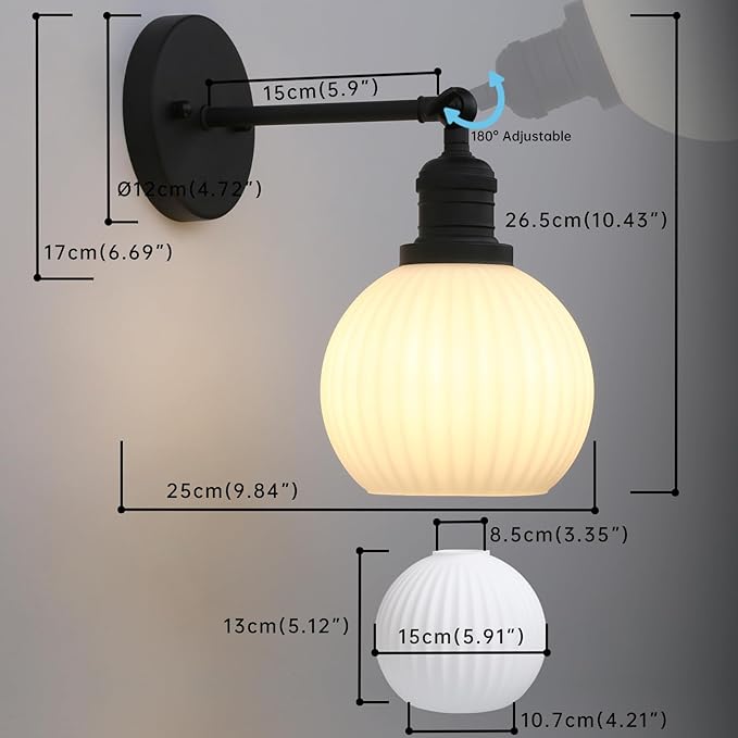 Vintage Wall Sconce 1-Light with Milk White Glass Globe Shade, Hardwired Modern Indoor Wall Mounted Lamp Fixture for Farmhouse Living Room Bedroom Bathroom