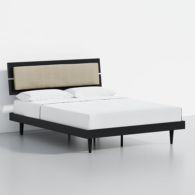 HavenWood Modern Solid Wood Platform Bed with Adjustable Headboard with Cushion – No Box Spring Needed,Fast Assembly – Queen Size in Black