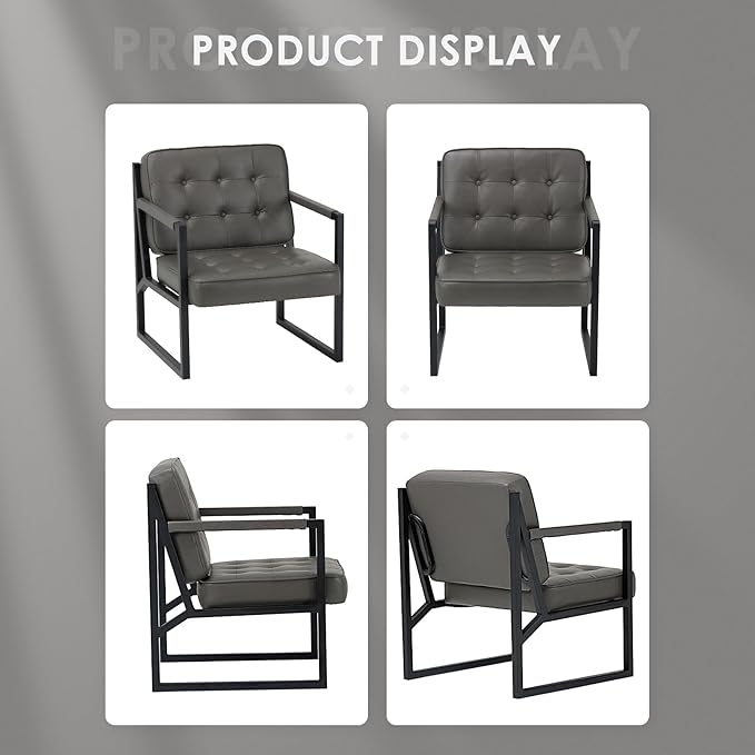 COLAMY Accent Chairs Set of 2, Modern Accent Arm Chairs for Living Room, Comfy Leather Armchairs with Metal Legs for Bedroom Reception Room, Grey