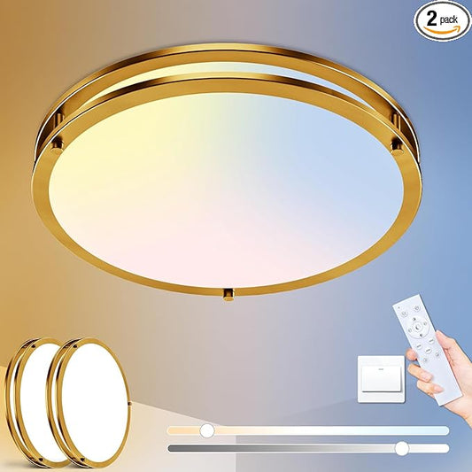 libtit 13 Inch LED Ceiling Lights with Remote for Bedroom Kitchen, 24W 2400lm Super Bright & Dimmable Flush Mount Light Fixtures, 2700K-6500K Adjustable Modern Lamps with Timer, Gold, 2Pack