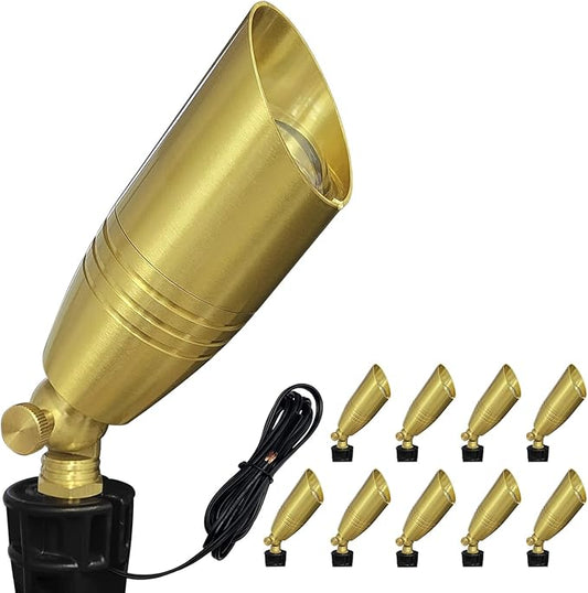COLOER Die-cast Brass Landscape Spotlight 10-Pack Without Bulb,12V AC/DC Low Voltage Copper Outdoor Lighting with Ground Stake, Directional Garden Patio Spot Up Light (102B Copper Finish)