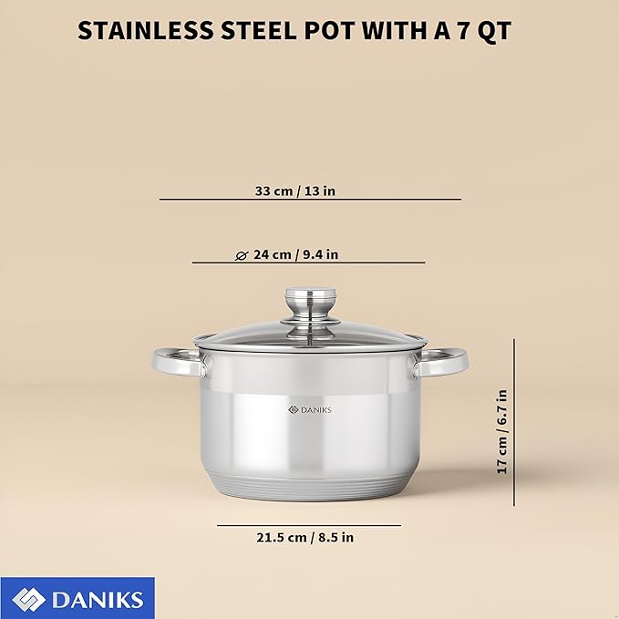 Daniks Standard Stainless Steel Stock Pot with Glass Lid – Induction 7 Quart, Dishwasher Safe, Measuring Scale, For Soup, Pasta, Stew, Silver