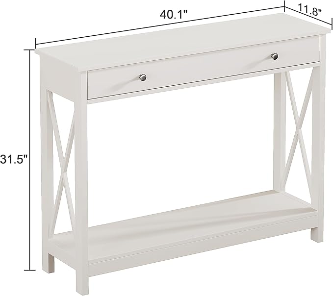 Treocho White Console Table with Drawer and Storage Shelves, Foyer Sofa Table Narrow for Entryway, Living Room, Hallway