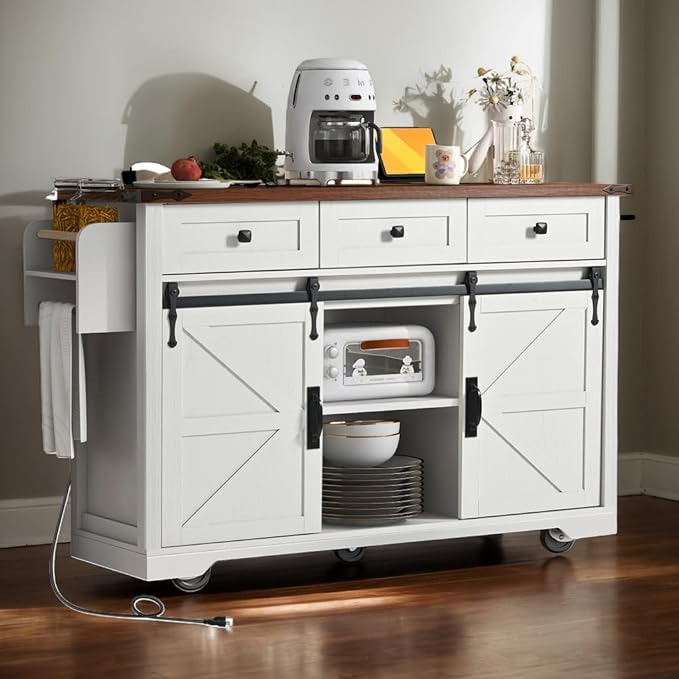 53.7" Farmhouse Mobile Kitchen Island Cart with Drop Leaf, Storage Island with Sliding Barn Door,Rolling Home Cart on Wheel Breakfast Bar Table with Power Outlet,3 Drawer,Cabinet,Tower Rack(White)