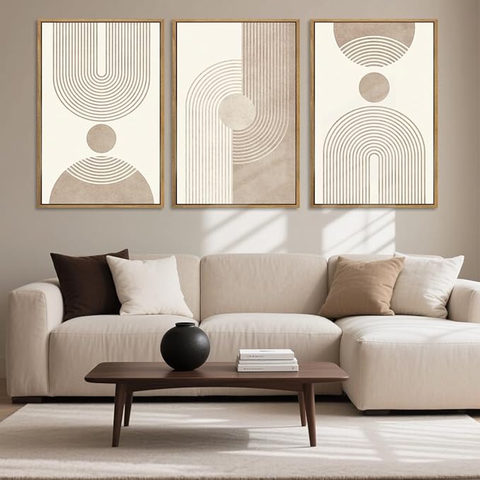 BINCUE Beige Neutral Canvas Wall Art Framed Geometric Abstract Wall Decor Mid Century Modern Artwork Wall Decor for Living Room Bedroom Office 16"x24" Set 3 Gift