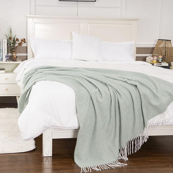 Gealaek Decorative Diamond Lattice Faux Cashmere Throw Blanket Honeydew Fringe Lightweight Fuzzy Soft Cozy Throws for Sofa Bed Farmhouse Throw Blanket 50" x 60"