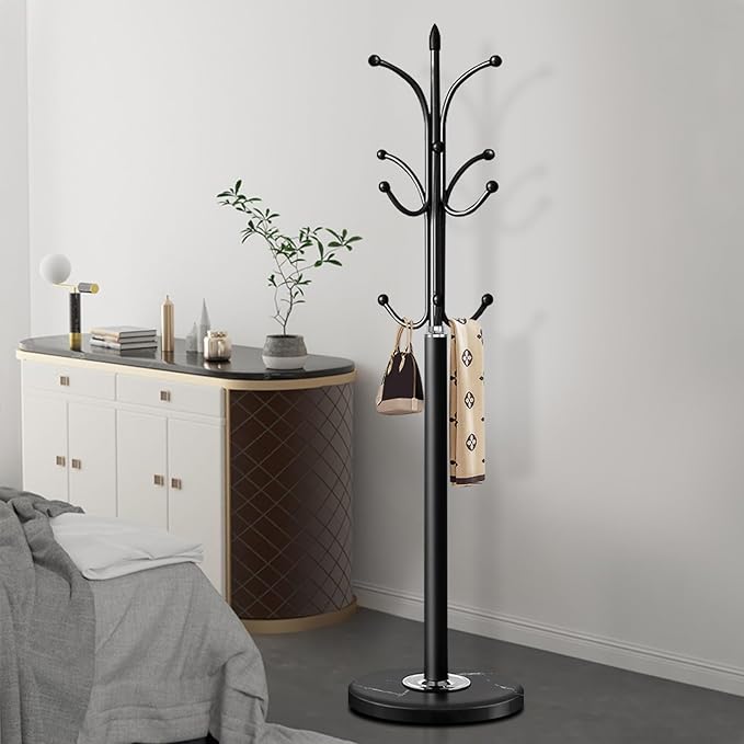 Metal Coat Rack Stand with Natural Marble Base, Coat Rack Freestanding, Free Standing Hall Tree with 12 Hooks for Hanging Clothes, Bags, Scarfs, Coat Hanger for Entryway, Hallway (Black)