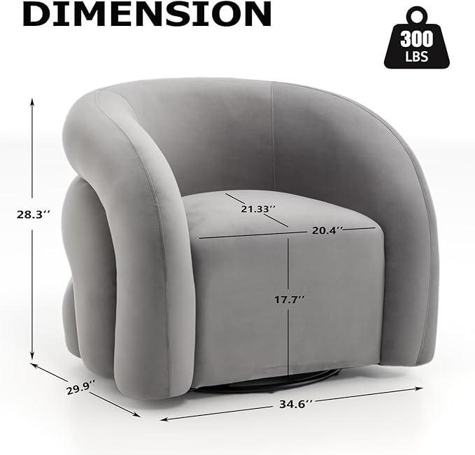 34.6" Velvet Swivel Accent Chair, Modern Round Armchair for Living Room,Upholstered Comfy Sofa Barrel Chairs for Bedroom Reading Apartment Lounge,Fully Assembled(Grey)