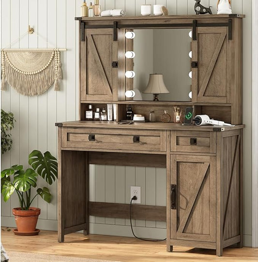 AOGLLATI Makeup Vanity with Lights & Barn Doors, Vanity Desk with Mirror and Lights & Charging Station, Farmhouse Brown Vanity Table with Jewelry Hooks and Open Storage Shelves