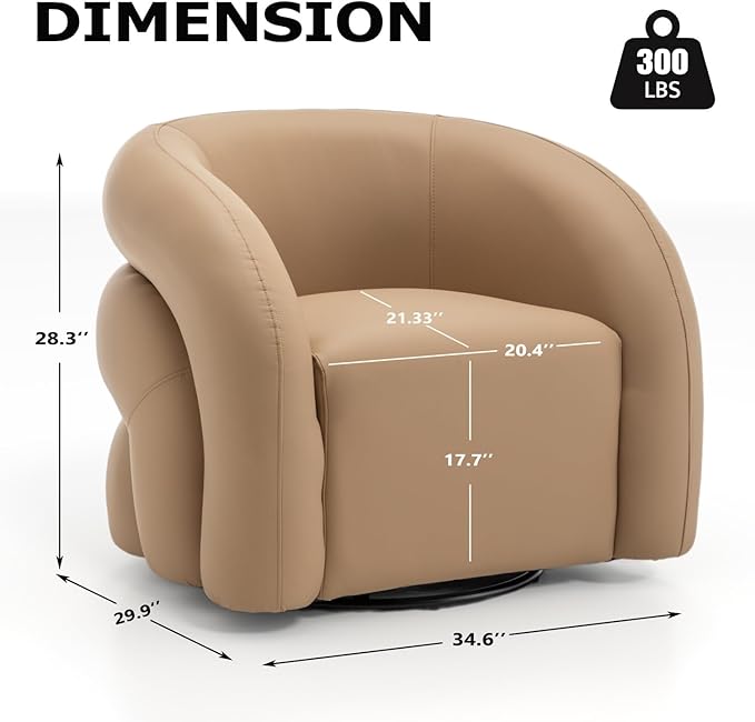 34.6" W Swivel Accent Chair, Modern Round Faux Leather Armchair for Living Room,Upholstered Comfy Sofa Chairs for Bedroom Reading Apartment Lounge,Fully Assembled(Mustard)